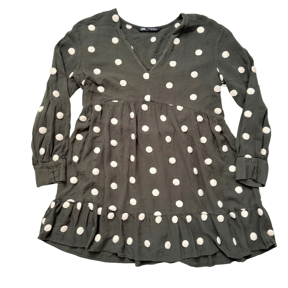 Zara Tunic Top Womens Large Olive Green Pom Pom Dot Babydoll V-Neck L